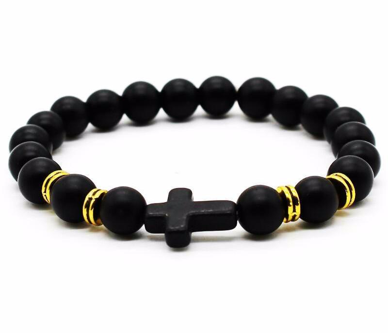 Frosted Black Matte Stone Beads Cross Bracelet