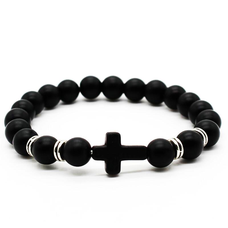 Frosted Black Matte Stone Beads Cross Bracelet