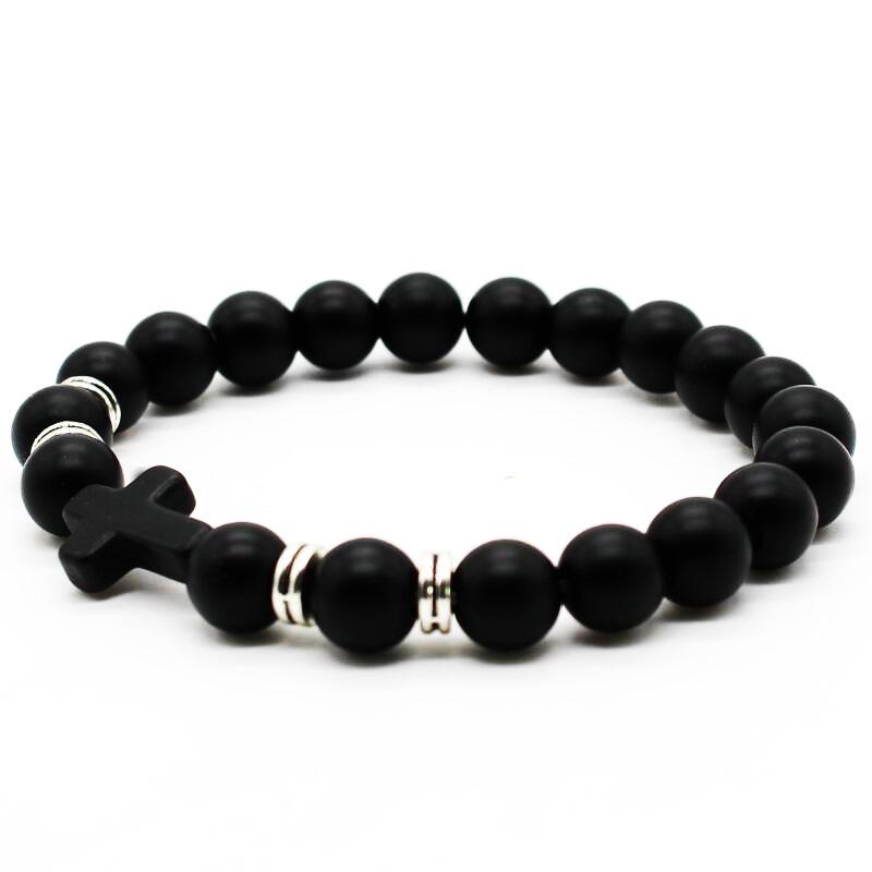 Frosted Black Matte Stone Beads Cross Bracelet