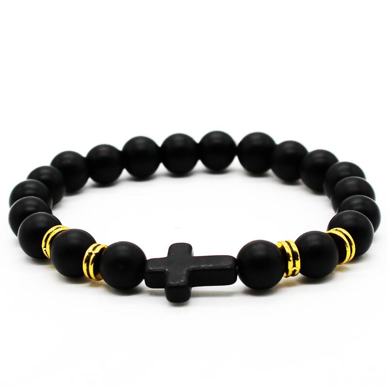 Frosted Black Matte Stone Beads Cross Bracelet