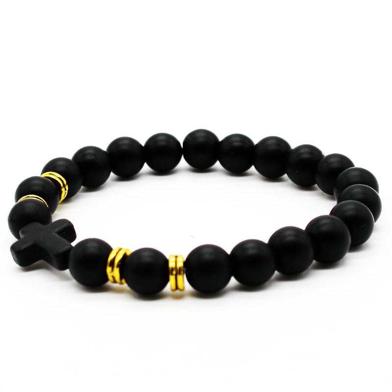 Frosted Black Matte Stone Beads Cross Bracelet