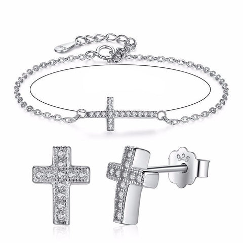 Lovely Crystal Cross Earrings Bracelet Set