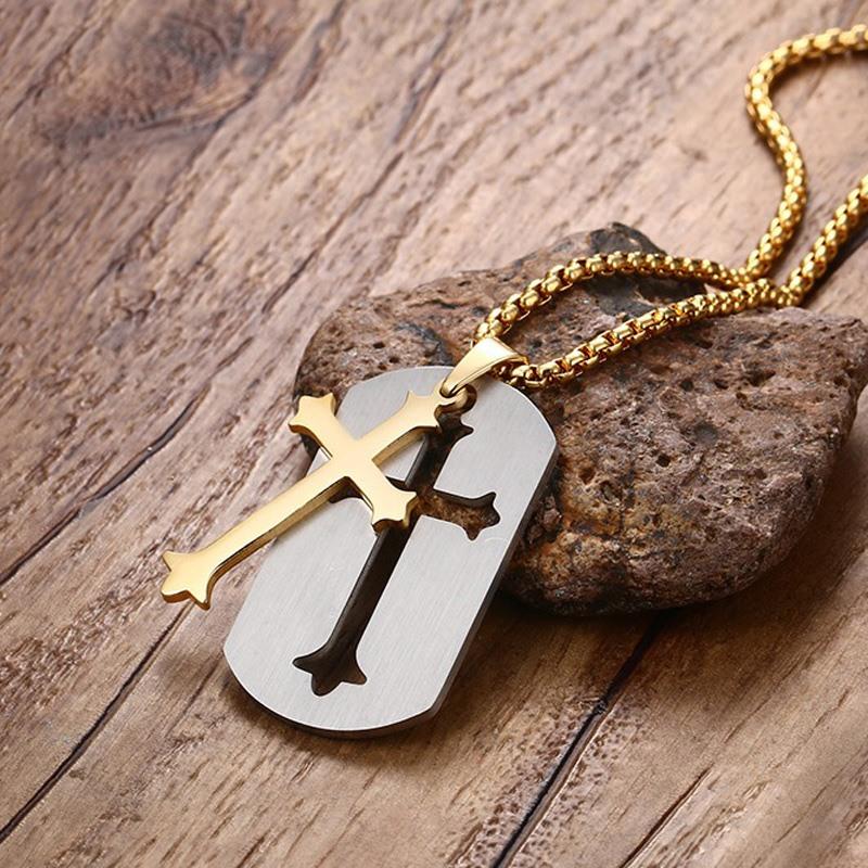 Dog Tag Cross Double Pendant Necklace