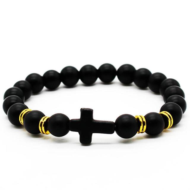 Frosted Black Matte Stone Beads Cross Bracelet